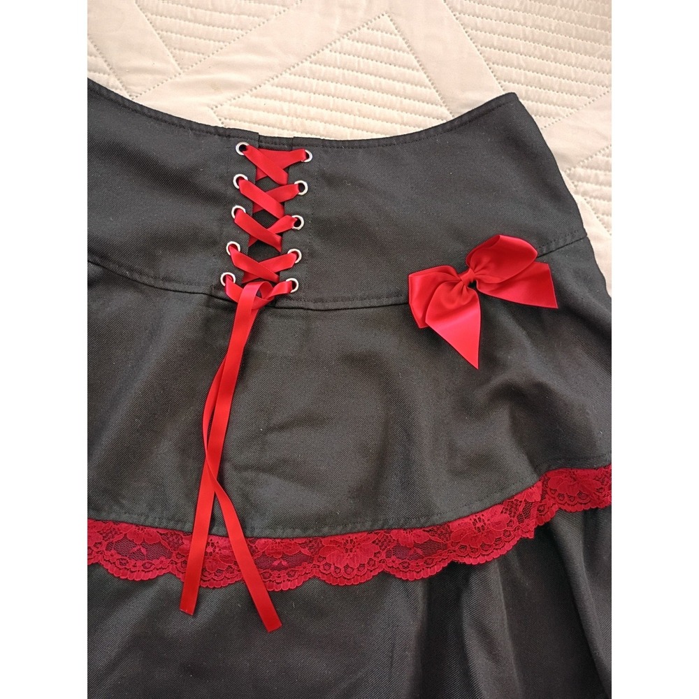 Black Mini Skirt with Red Lace Trim and Bow - Picture 3 of 5
